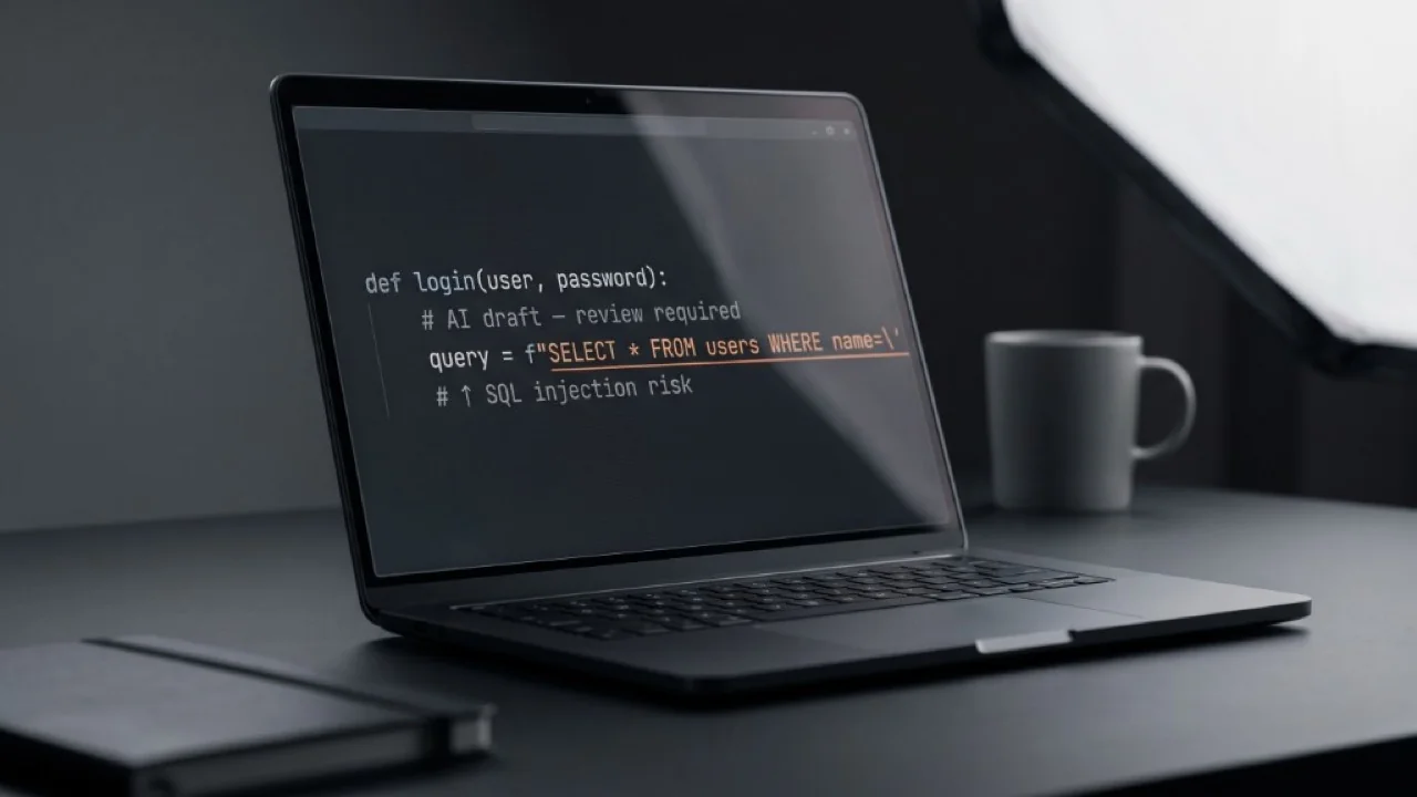Laptop 3/4 su scrivania scura: editor con bozza AI login e query SQL evidenziata in arancione come rischio injection