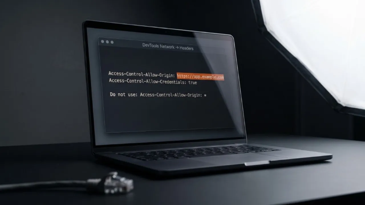 Laptop su scrivania scura: DevTools Headers con Access-Control-Allow-Origin ristretto a https://app.example.com evidenziato in arancione