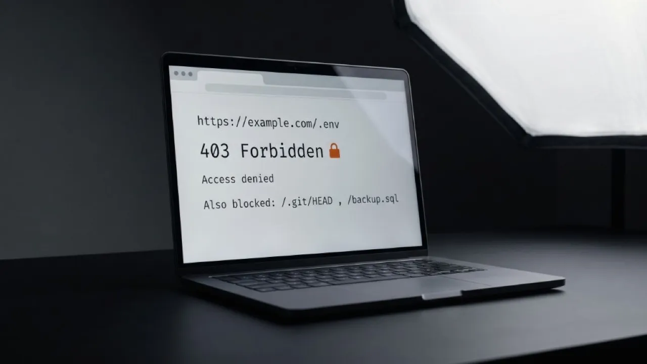 Laptop su scrivania scura: browser con 403 Forbidden su https://example.com/.env e percorsi .git/backup bloccati