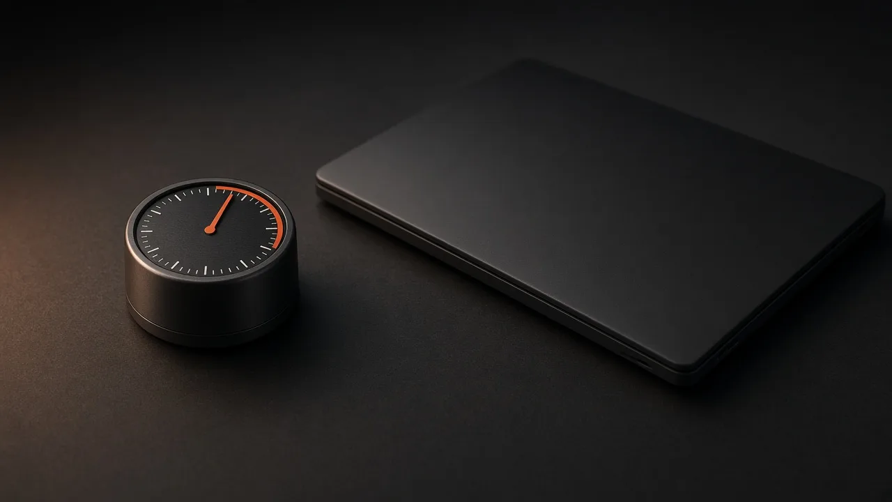 Timer analogico scuro con accento terracotta e laptop chiuso su scrivania charcoal