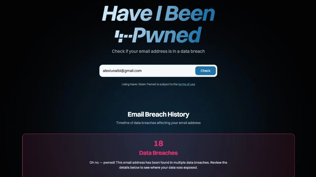 Have I Been Pwned: schermata rossa Oh no — pwned con 18 data breach segnalati