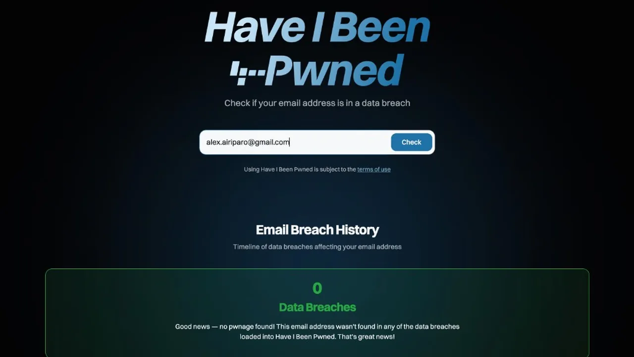 Have I Been Pwned: risultato verde con 0 data breach e messaggio Good news — no pwnage found