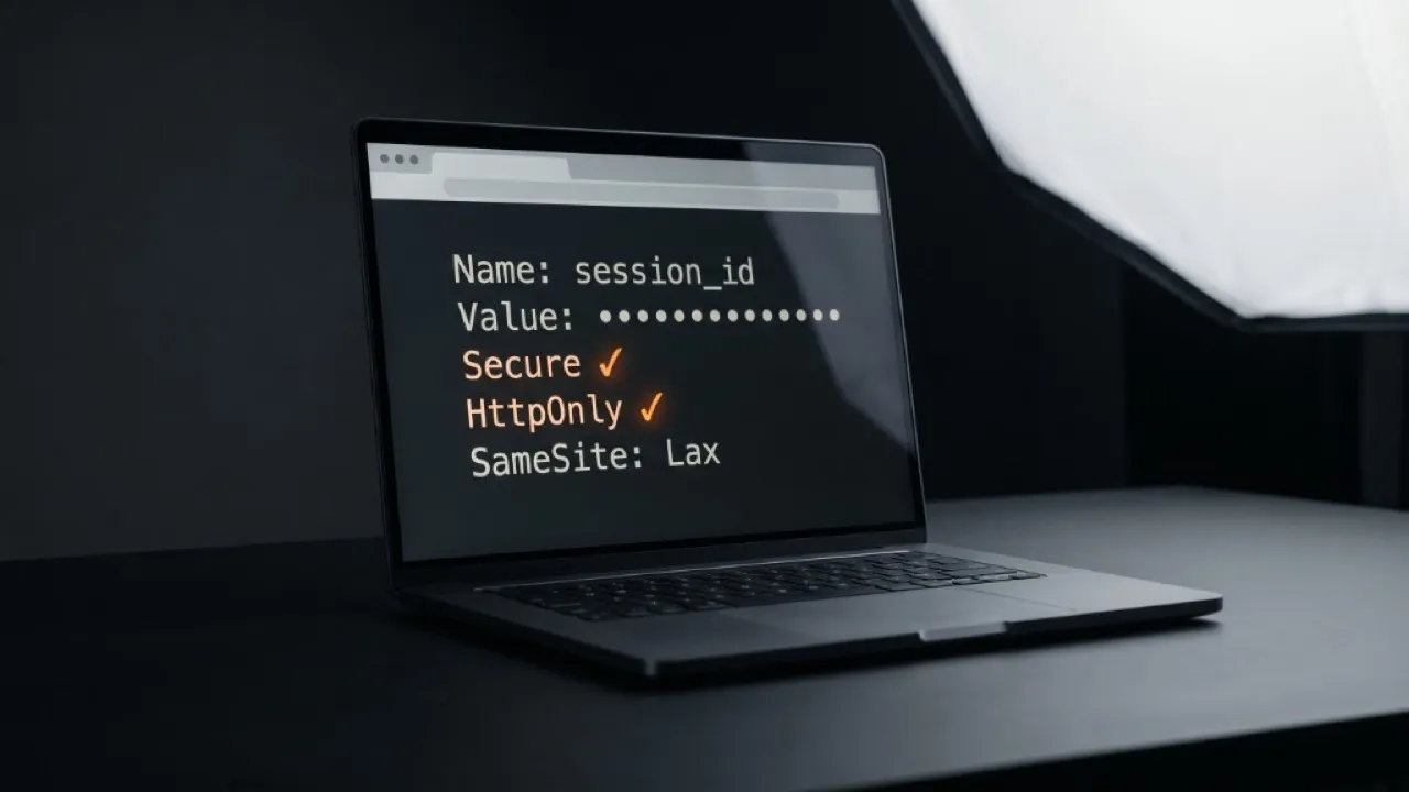 Laptop su scrivania scura: DevTools Cookies con Secure e HttpOnly evidenziati in arancione e SameSite Lax