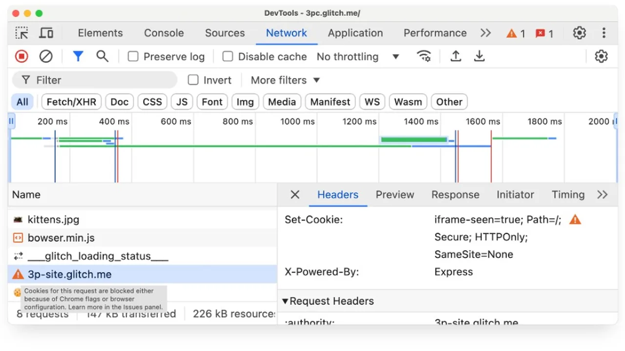 Chrome DevTools Network: Set-Cookie con flag Secure, HttpOnly e SameSite=None e avviso cookie bloccati