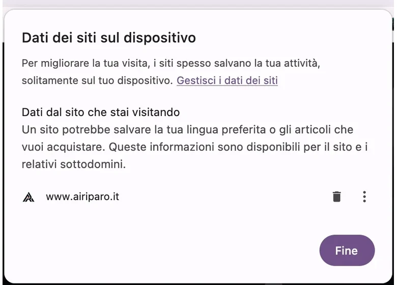 Finestra Chrome «Dati dei siti sul dispositivo» con www.airiparo.it e cestino