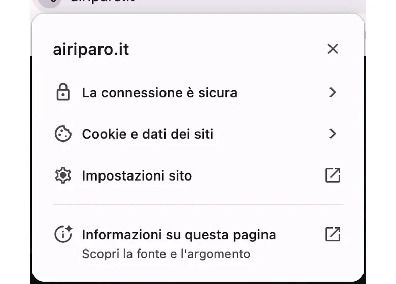 Menu Chrome sul lucchetto di airiparo.it: voce Cookie e dati dei siti