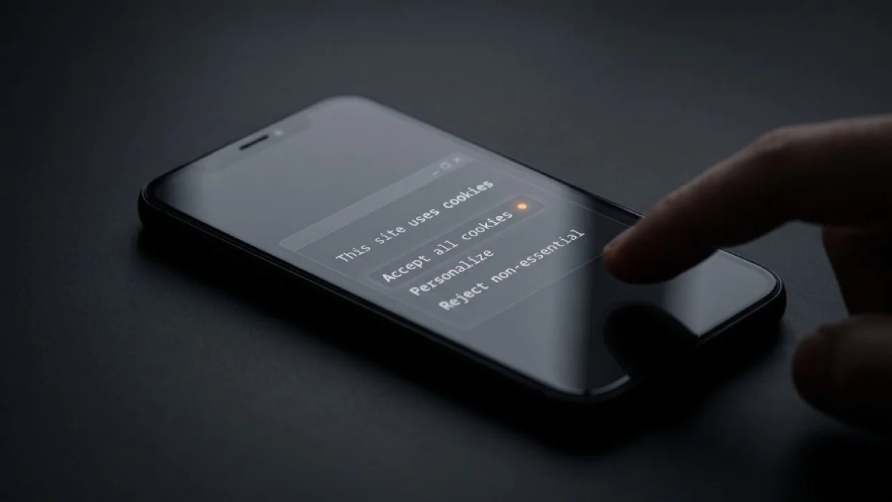 Dito che preme Accept all cookies su uno smartphone con banner di consenso, glow arancione sul tap