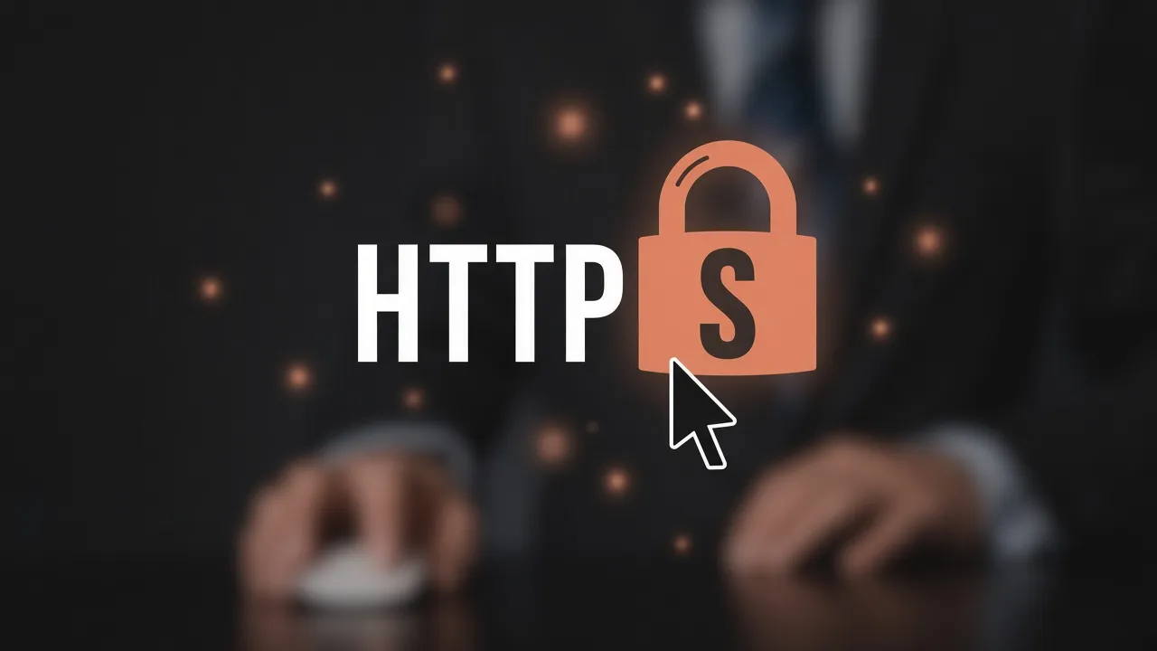 HTTPS su fondo charcoal con la S nel lucchetto terracotta e cursore che punta al lucchetto
