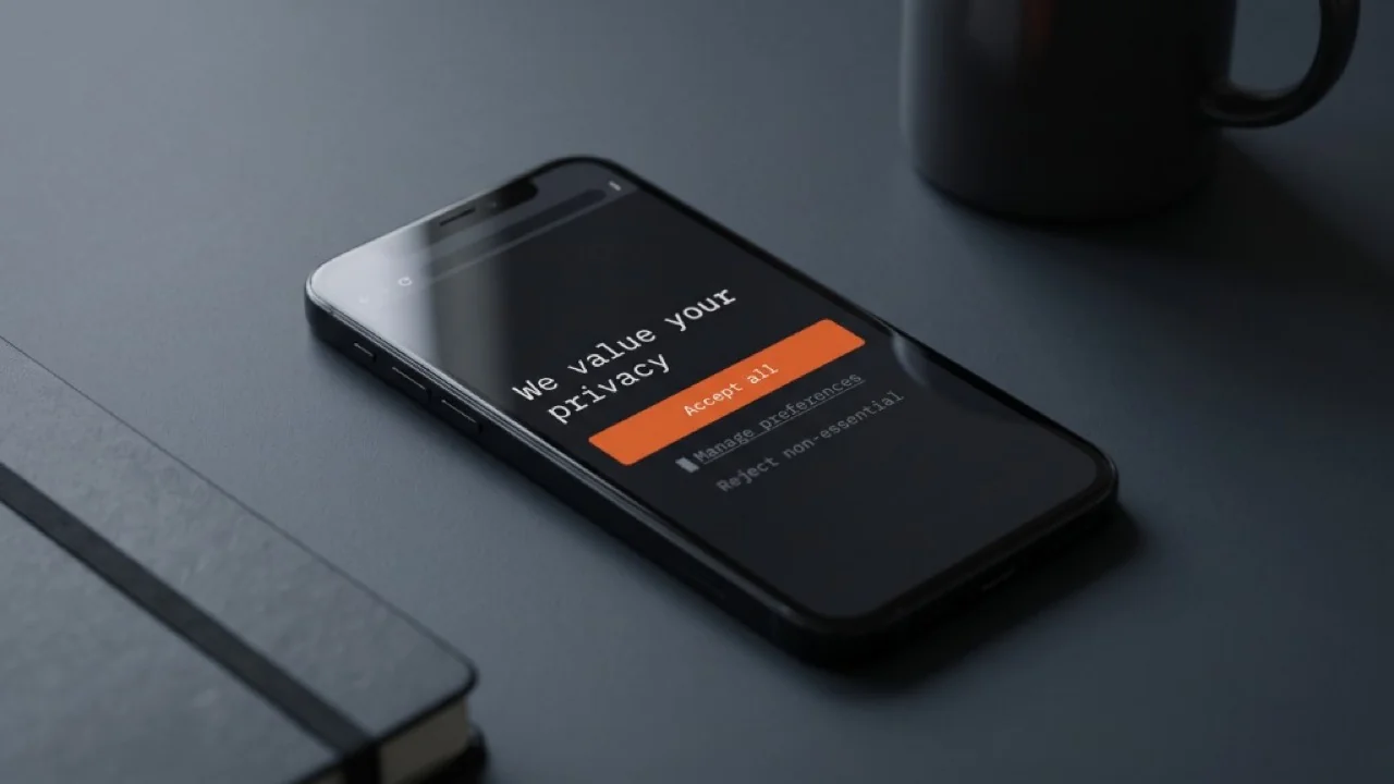 Smartphone su scrivania scura con banner cookie: Accept all arancione evidenziato, Reject non-essential quasi nascosto