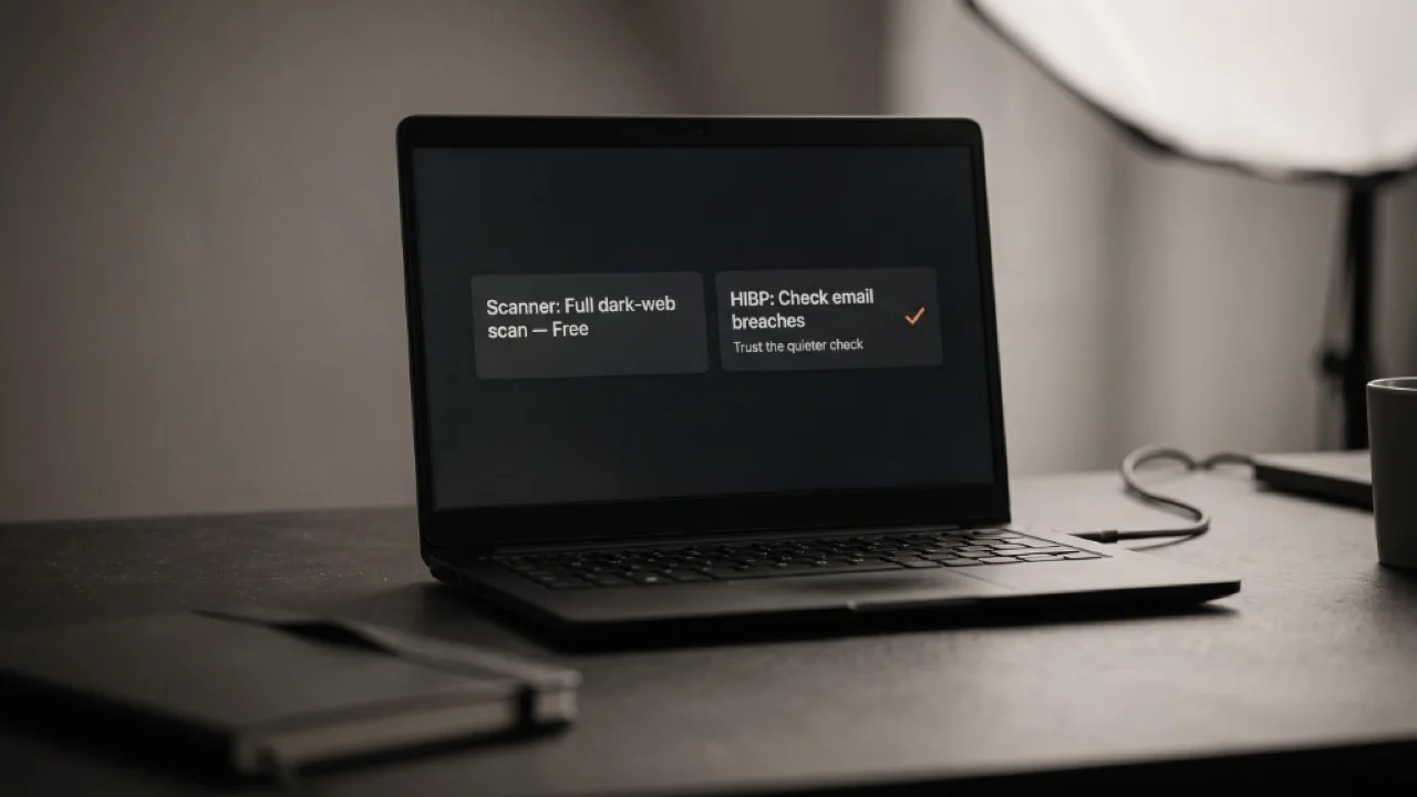 Laptop frontale su scrivania scura con due card a confronto: scanner dark web gratuito e HIBP, spunta arancione sulla card HIBP