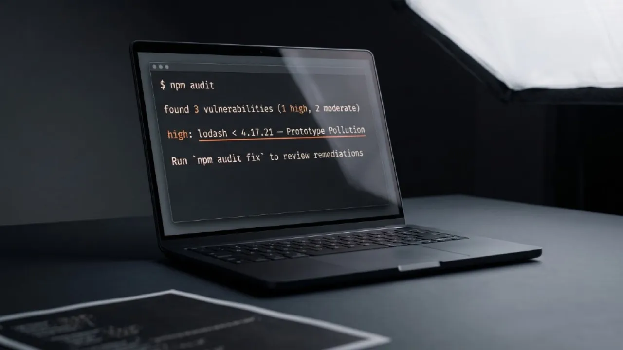 Laptop su scrivania scura: terminale con npm audit, vulnerabilità high lodash evidenzata in arancione