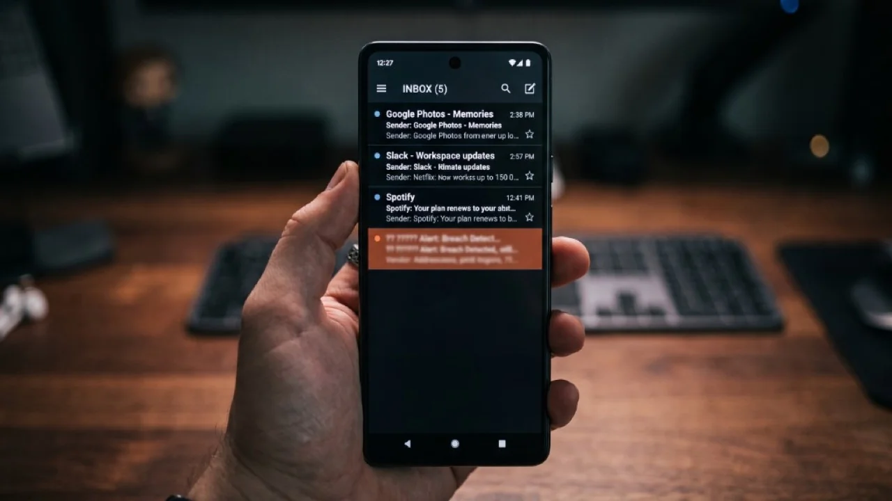 Mano con smartphone: inbox email in dark mode, una riga di allarme breach evidenziata in arancione tra messaggi ordinari