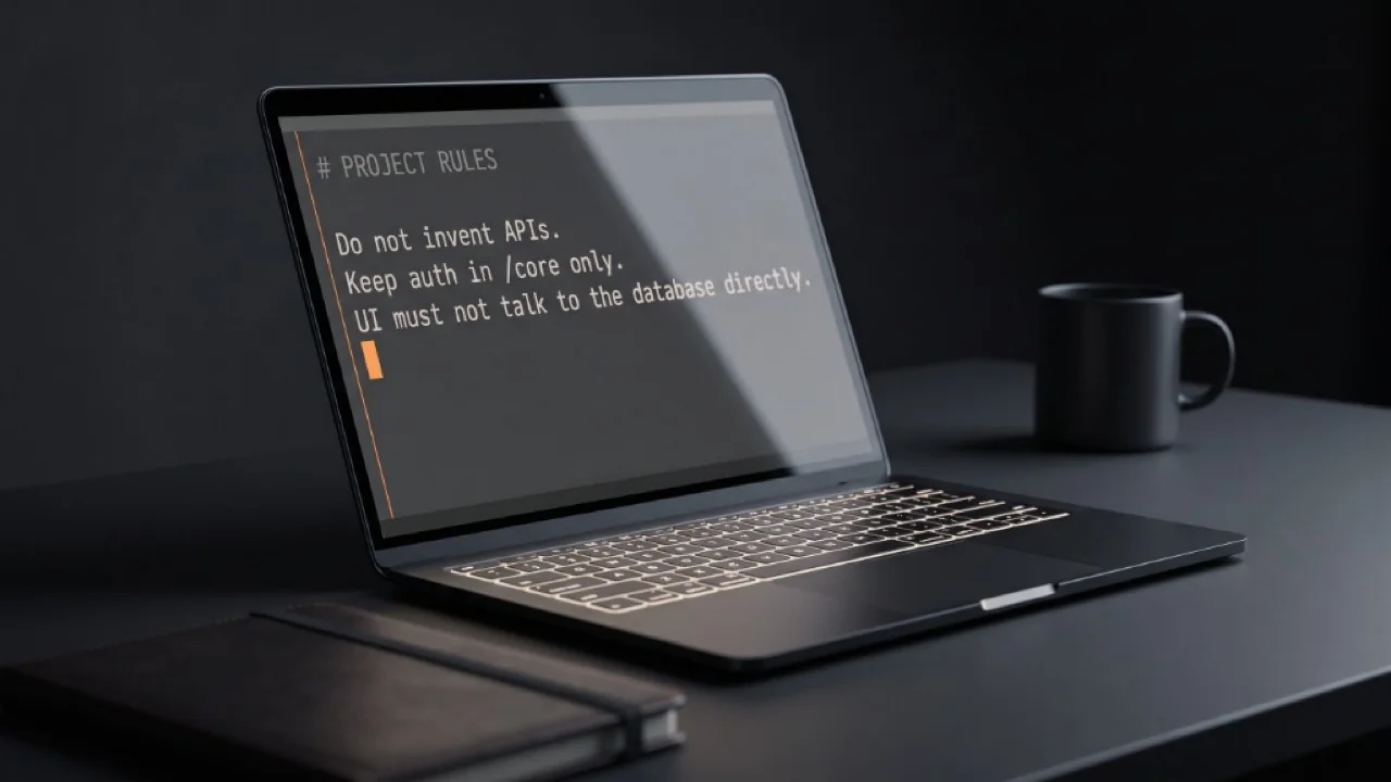 Laptop 3/4 su scrivania scura con editor aperto su # PROJECT RULES e regole architetturali, bordo arancione a sinistra