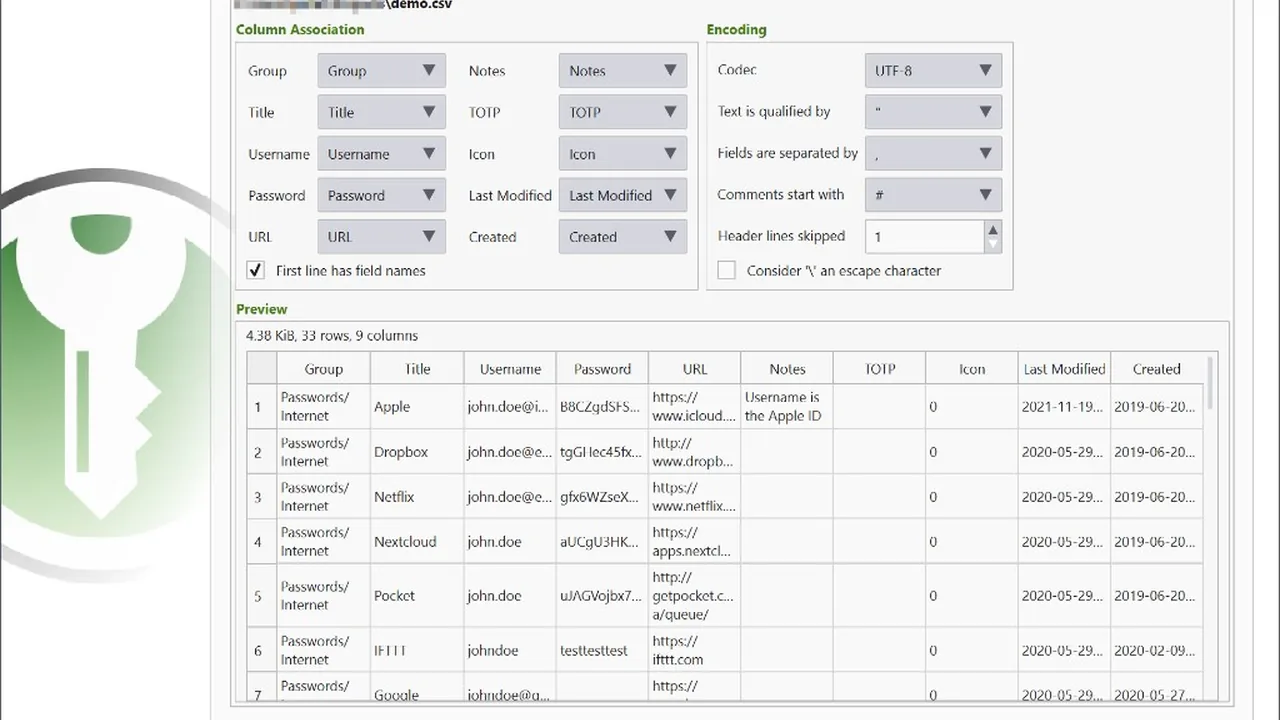 KeePassXC Import Wizard con mappatura colonne CSV e anteprima voci demo