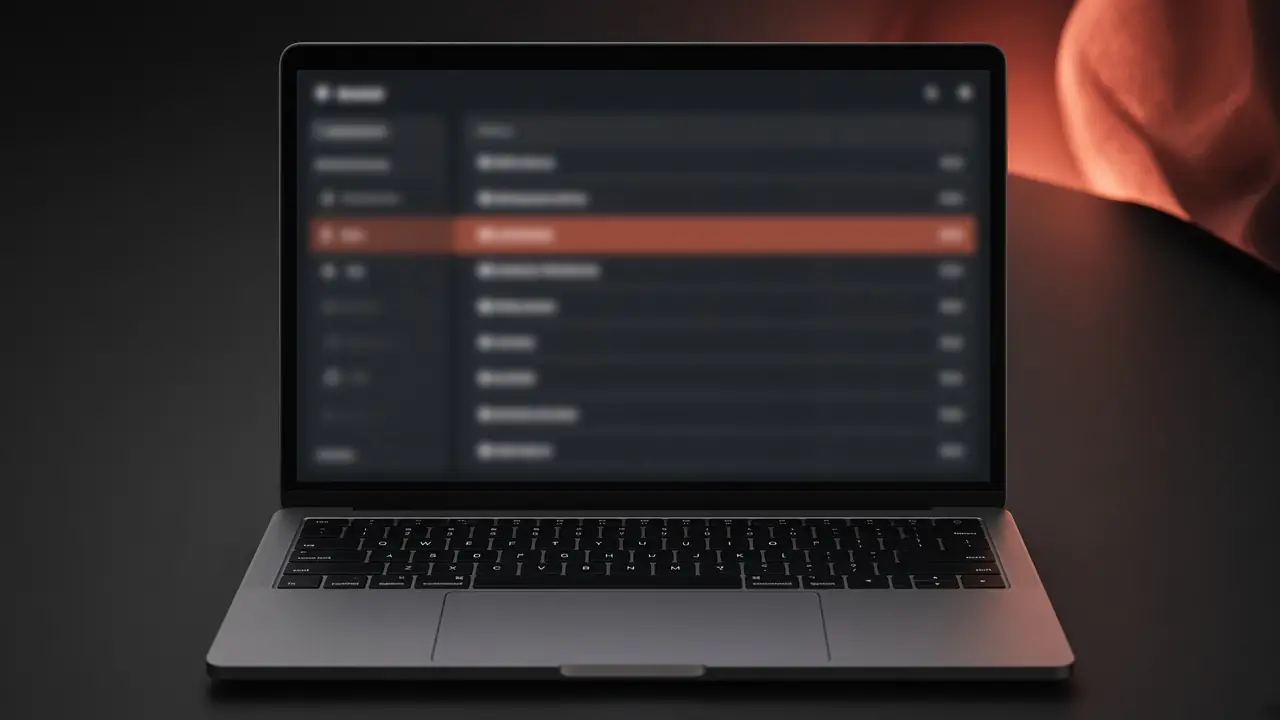 Vault password astratto su laptop scuro: elenco voci soft con una riga evidenziata in terracotta