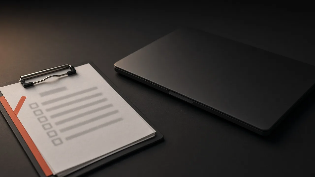 Clipboard con checklist e laptop chiuso su scrivania scura, accento terracotta