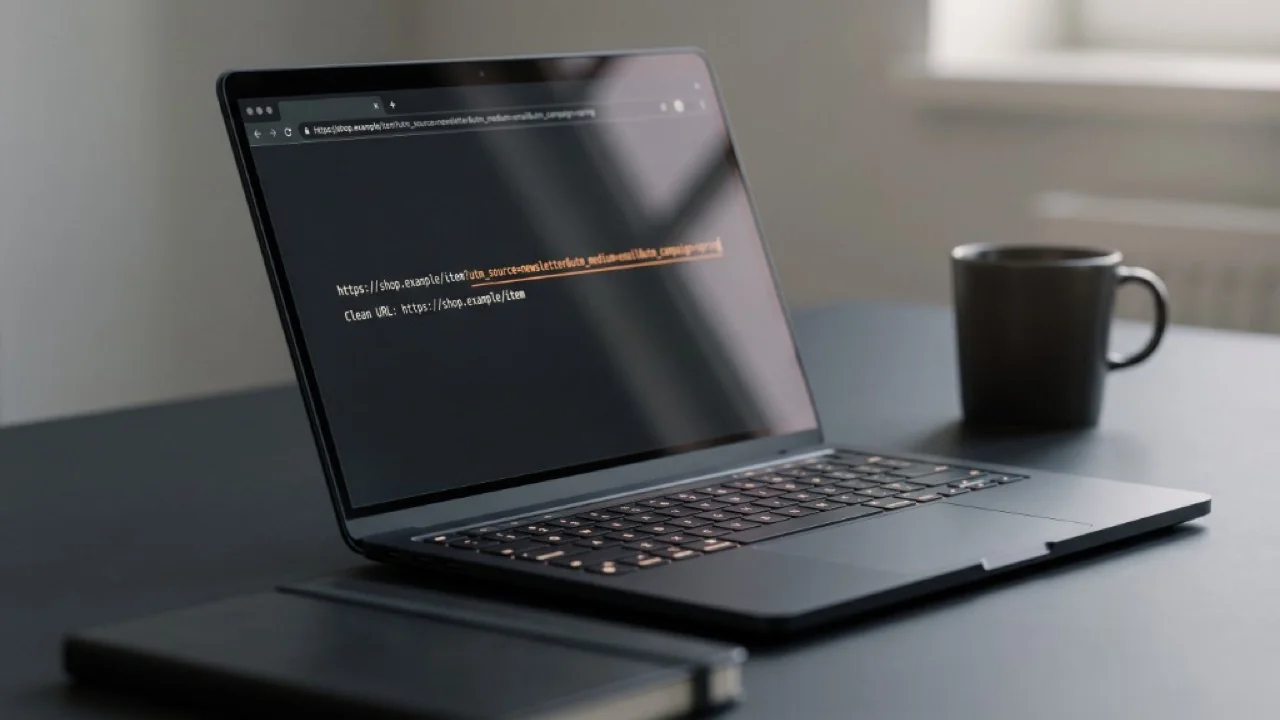Laptop 3/4 su scrivania scura: URL con parametri UTM e sotto la versione pulita, query evidenziata in arancione