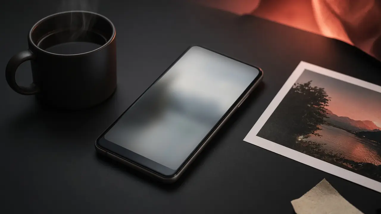 Smartphone e tazza di caffè su scrivania charcoal con luce terracotta