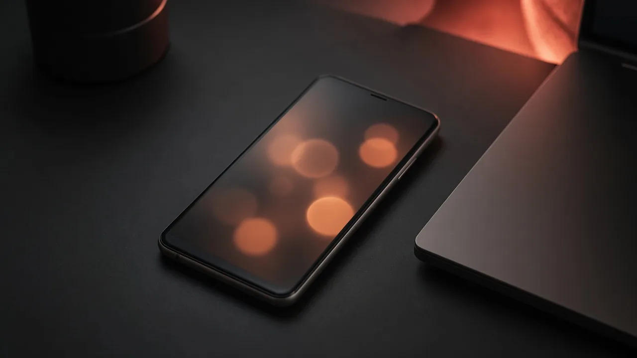 Smartphone e bordo laptop su scrivania charcoal con alone soft terracotta — privacy quotidiana