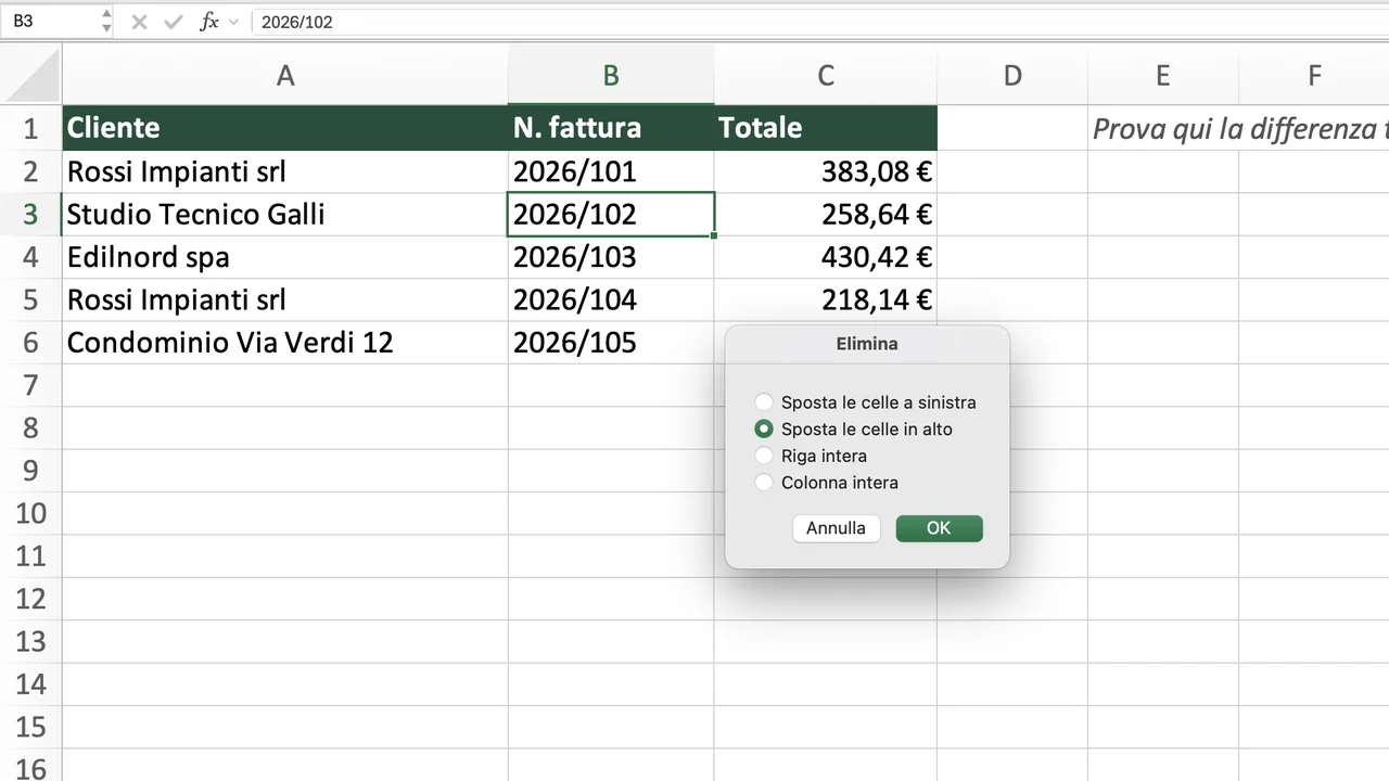 Finestra Elimina di Excel con le opzioni Sposta le celle a sinistra, Sposta le celle in alto, Riga intera e Colonna intera, aperta sulla cella B3 del foglio Prova Canc-Elimina