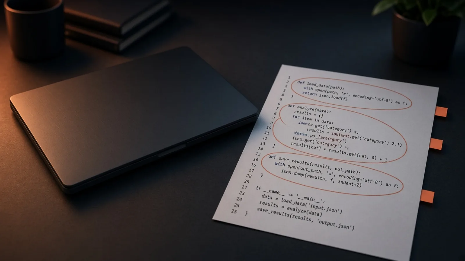 Laptop chiuso su scrivania scura accanto a foglio di codice Python con cerchi e bandierine terracotta
