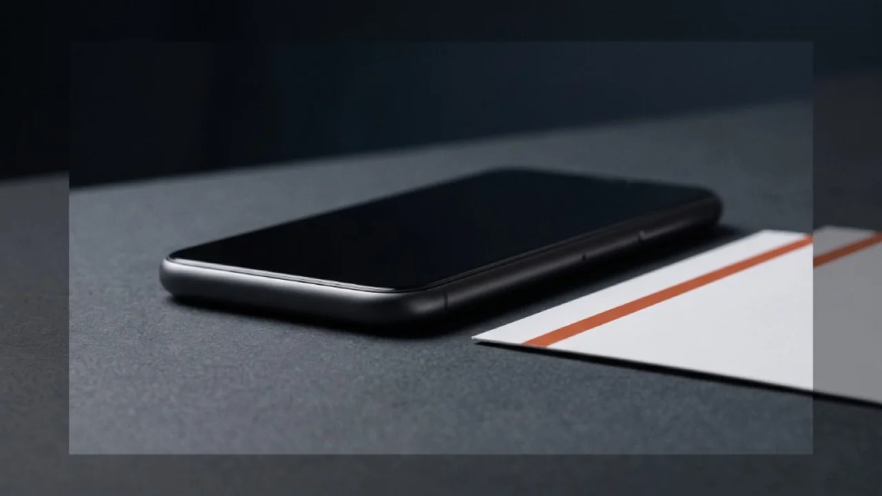 Smartphone scuro spento su superficie texture, accanto a una card bianca con una striscia arancione orizzontale