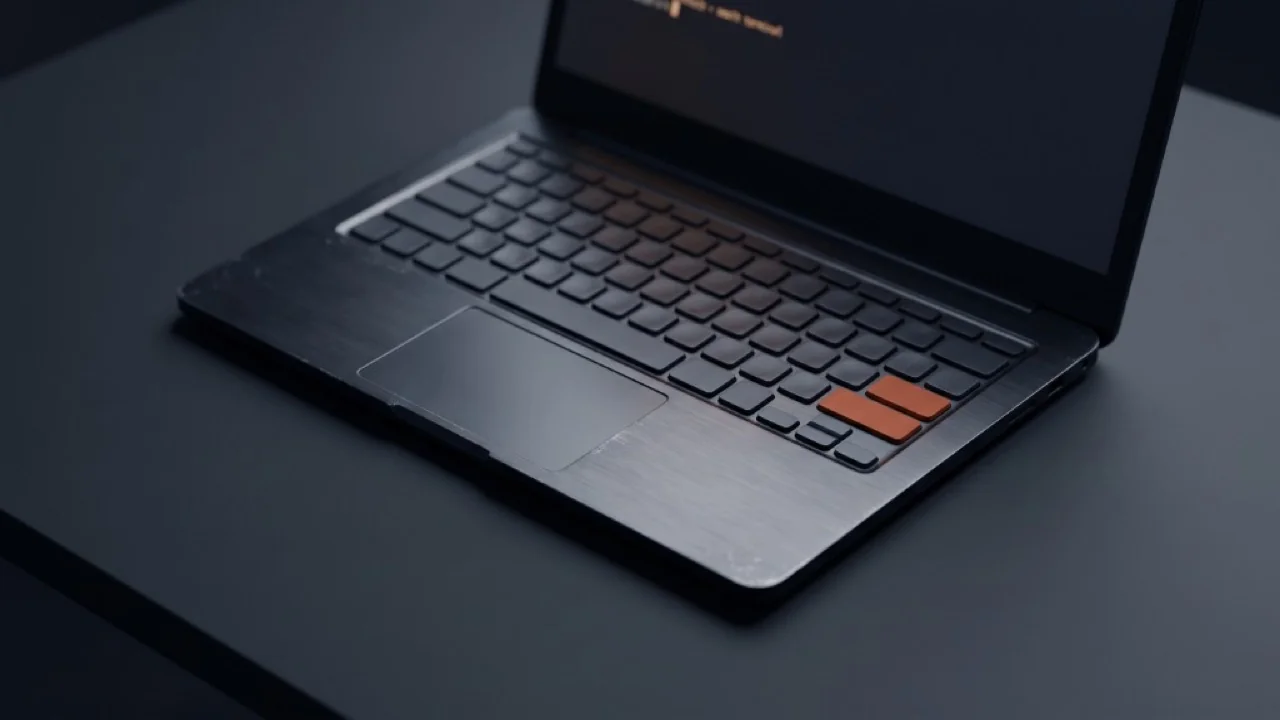 Laptop scuro su scrivania opaca, schermo con terminale illegibile e due tasti arancioni sul lato destro della tastiera