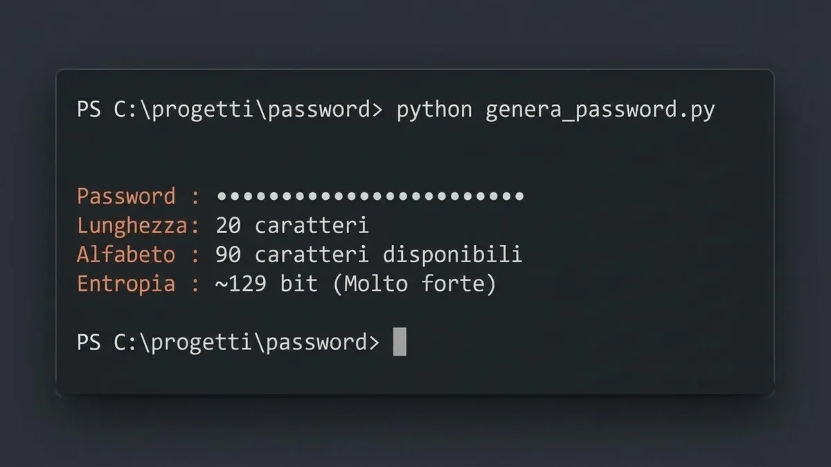 Terminale scuro con comando python genera_password.py e riga password offuscata