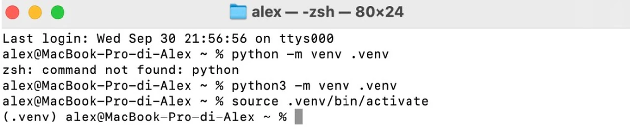 Terminale macOS con (.venv) attivo dopo python3 -m venv e source .venv/bin/activate