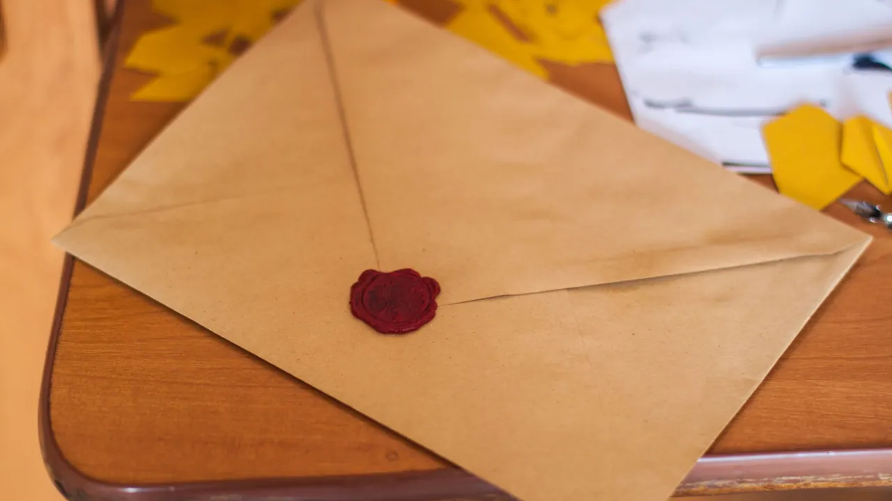 Busta di carta marrone chiusa con un sigillo di ceralacca rossa, appoggiata su un tavolo di legno accanto a ritagli di carta gialla e a un pennino
