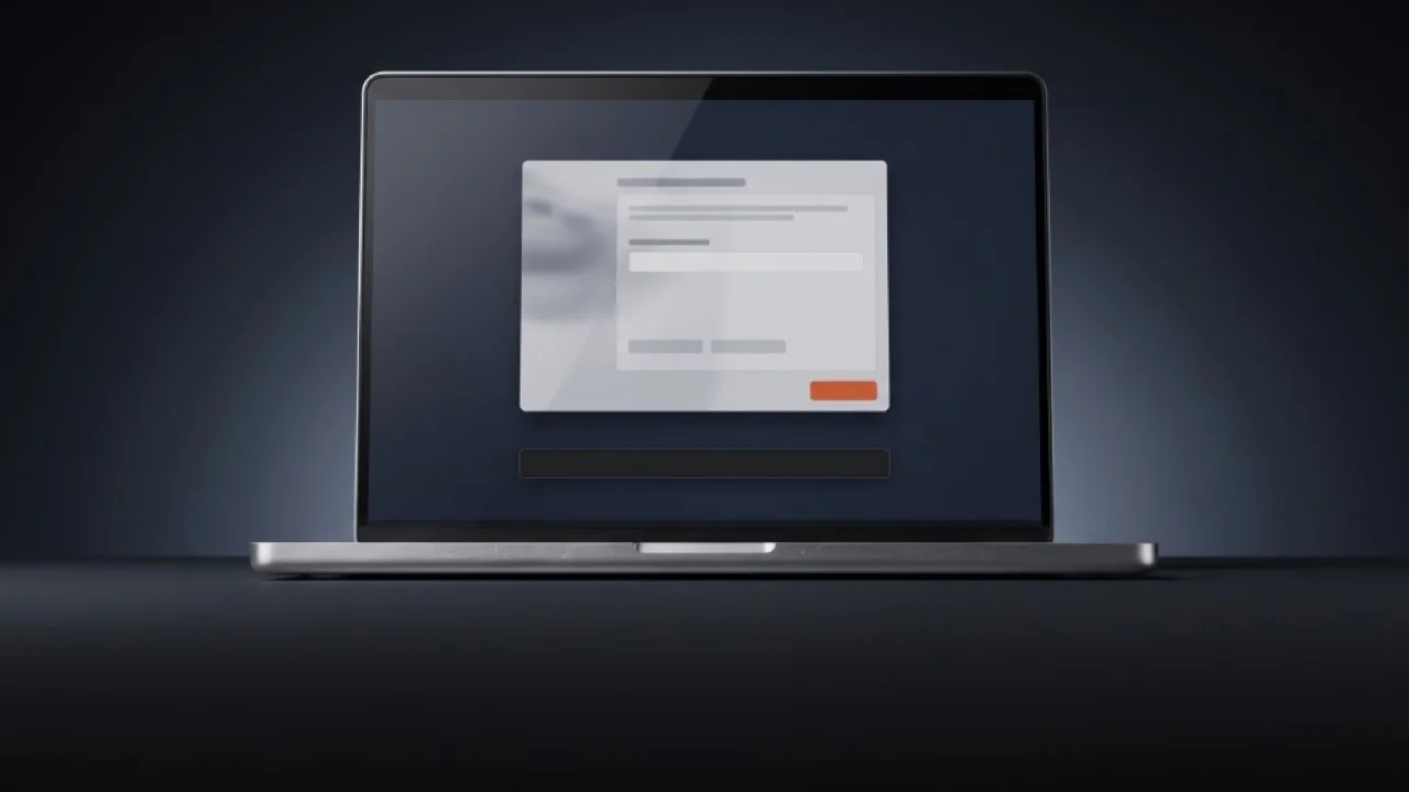 Laptop frontale su superficie scura, finestra di installazione stilizzata in alto al centro con pulsante arancione di conferma