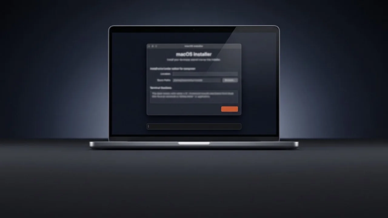 Laptop frontale su superficie scura, finestra installer stile macOS in alto al centro con pulsante arancione di conferma