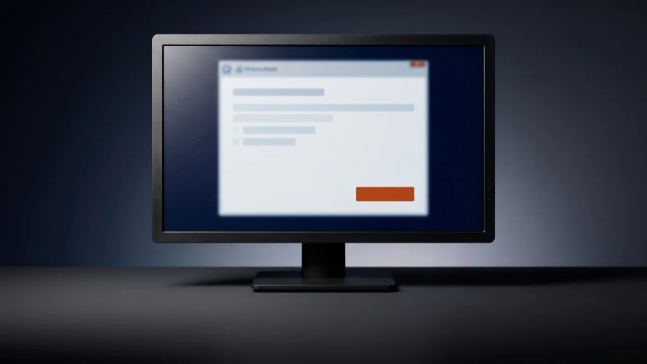 Monitor desktop su superficie scura, wizard di installazione sfocato al centro con pulsante arancione di conferma
