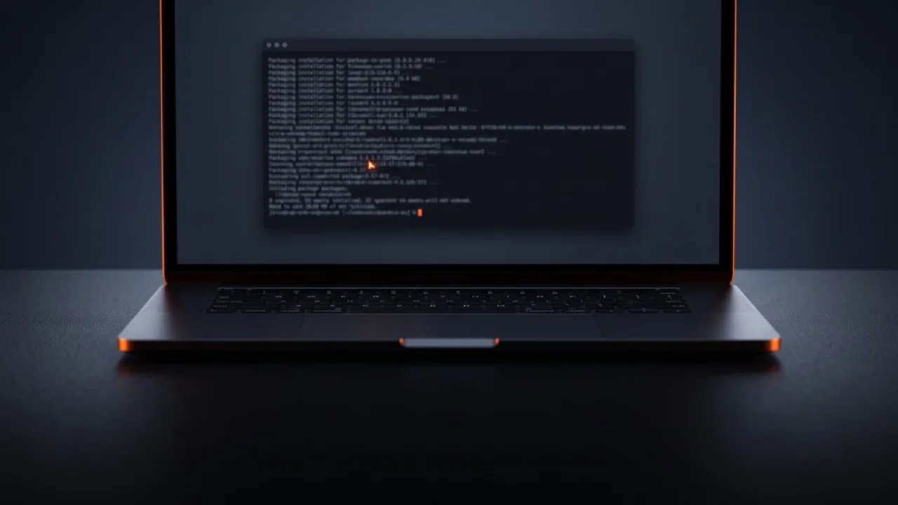 Laptop scuro frontale su superficie opaca, finestra terminale in alto al centro con output di installazione pacchetti illegibile e bordi illuminati in arancione