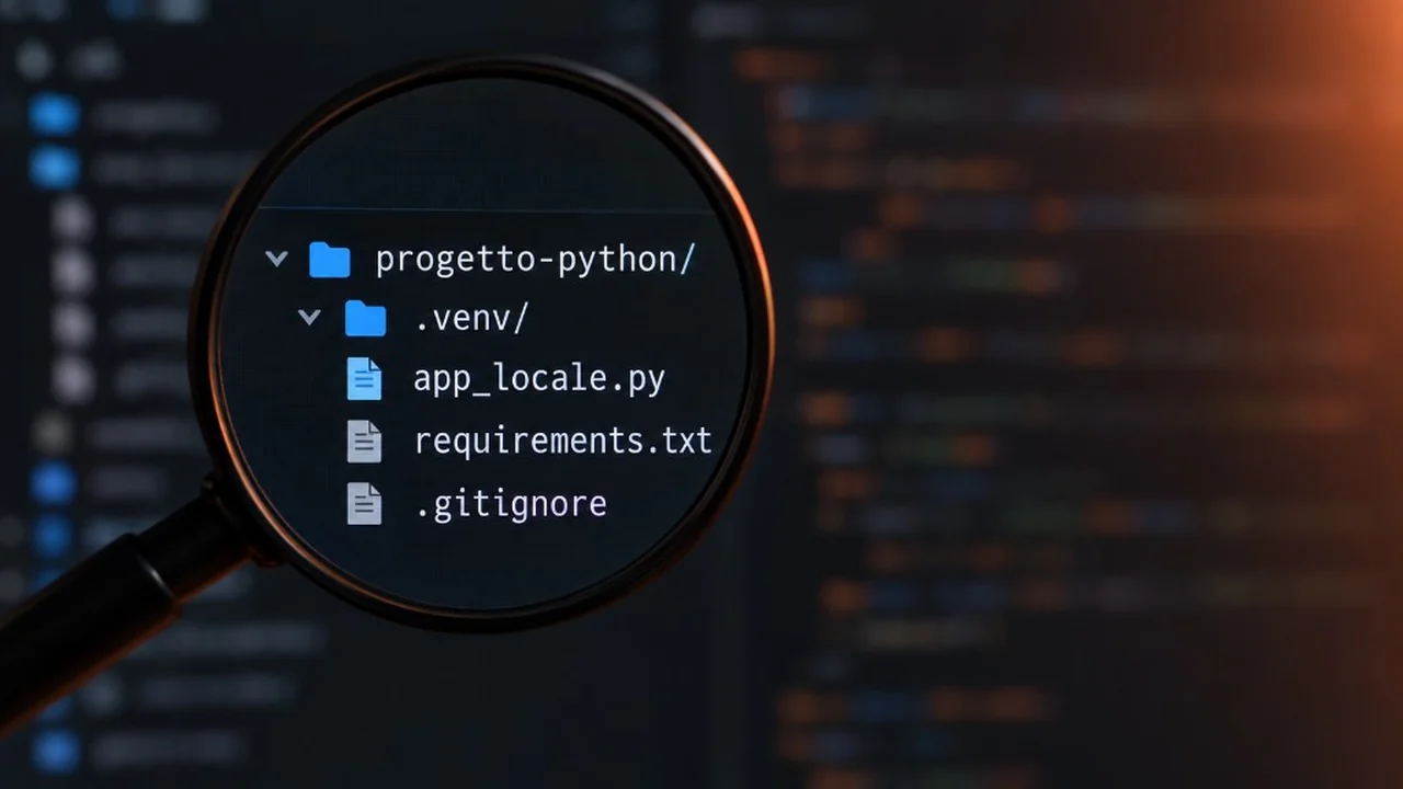 Lente d’ingrandimento su IDE scuro che mette a fuoco l’albero minimo di un progetto Python