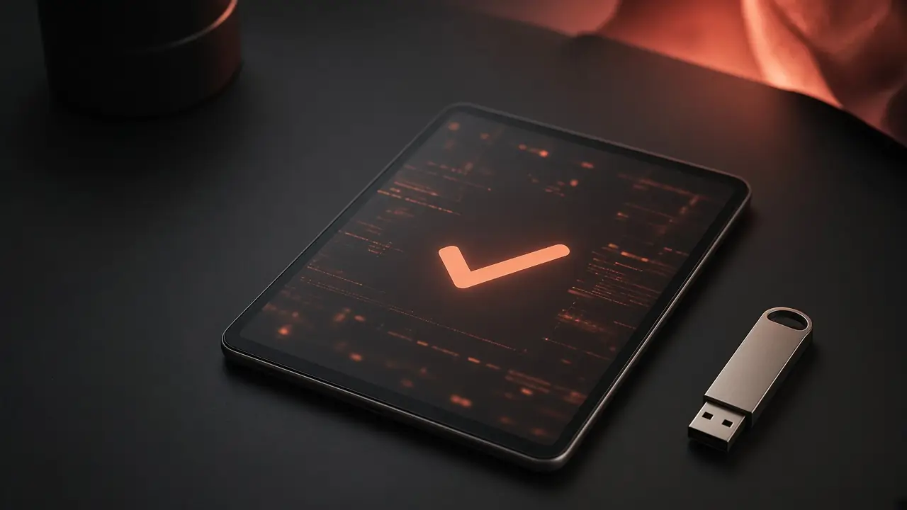 Tablet scuro con check terracotta e USB su scrivania charcoal — verifica integrità download