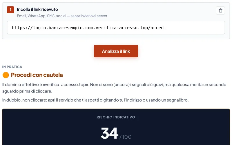 Schermata di Analizza un link: link sospetto incollato e verdetto «Procedi con cautela» sul dominio verifica-accesso.top
